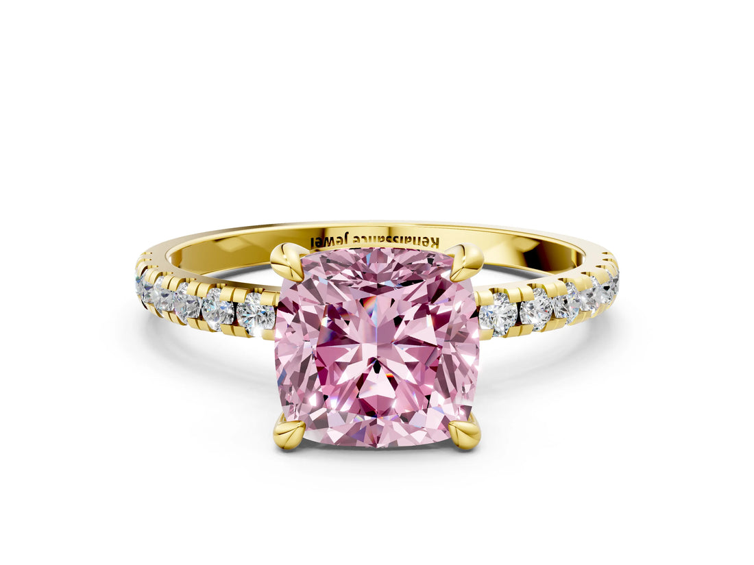 Yellow gold Fancy Pink Cushion Cut Diamond Brilliant Solitaire Ring with Pavé Band and Four-Prong Setting_12