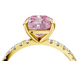Yellow gold Fancy Pink Cushion Cut Diamond Brilliant Solitaire Ring with Pavé Band and Four-Prong Setting_16