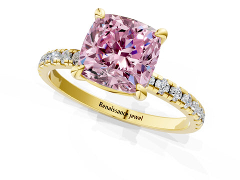 Yellow gold Fancy Pink Cushion Cut Diamond Brilliant Solitaire Ring with Pavé Band and Four-Prong Setting_1