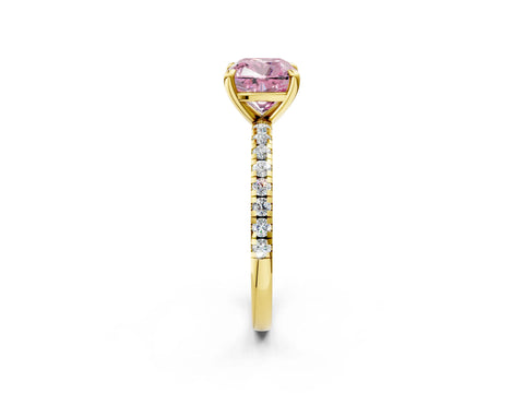 Yellow gold Fancy Pink Cushion Cut Diamond Brilliant Solitaire Ring with Pavé Band and Four-Prong Setting_2