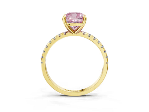 Yellow gold Fancy Pink Cushion Cut Diamond Brilliant Solitaire Ring with Pavé Band and Four-Prong Setting_3