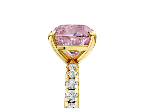 Yellow gold Fancy Pink Cushion Cut Diamond Brilliant Solitaire Ring with Pavé Band and Four-Prong Setting_5