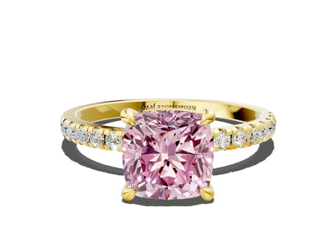 Yellow gold Fancy Pink Cushion Cut Diamond Brilliant Solitaire Ring with Pavé Band and Four-Prong Setting