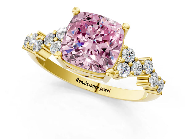 Yellow gold Fancy Pink Cushion Cut Diamond Cluster Pavé Band with Four-Prong Setting