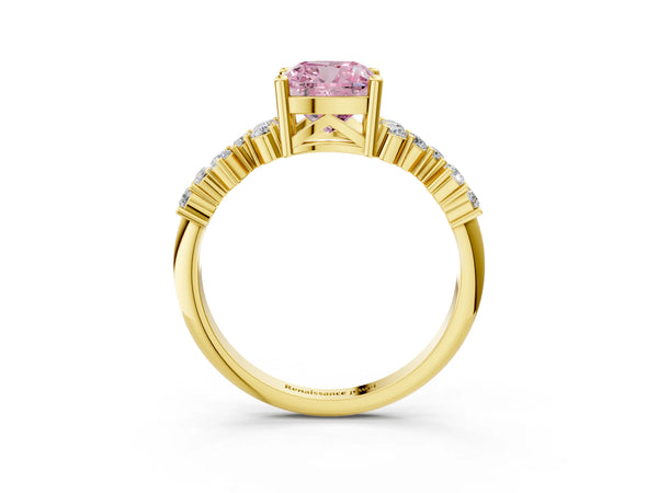 Yellow gold Fancy Pink Cushion Cut Diamond Cluster Pavé Band with Four-Prong Setting