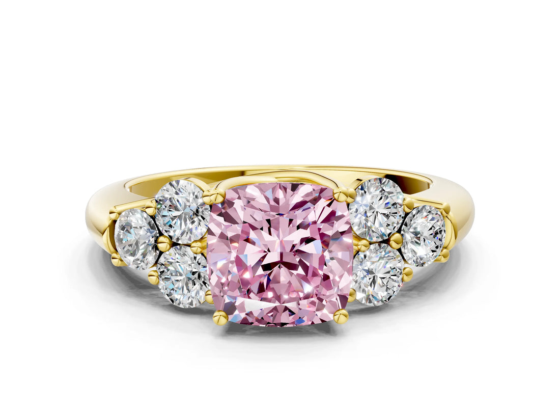 Yellow gold Fancy Pink Cushion  Cut Diamond Cluster Ring with Round Accent Stones and Prong Setting on a Classic Band_49