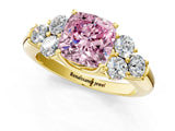 Yellow gold Fancy Pink Cushion  Cut Diamond Cluster Ring with Round Accent Stones and Prong Setting on a Classic Band_50