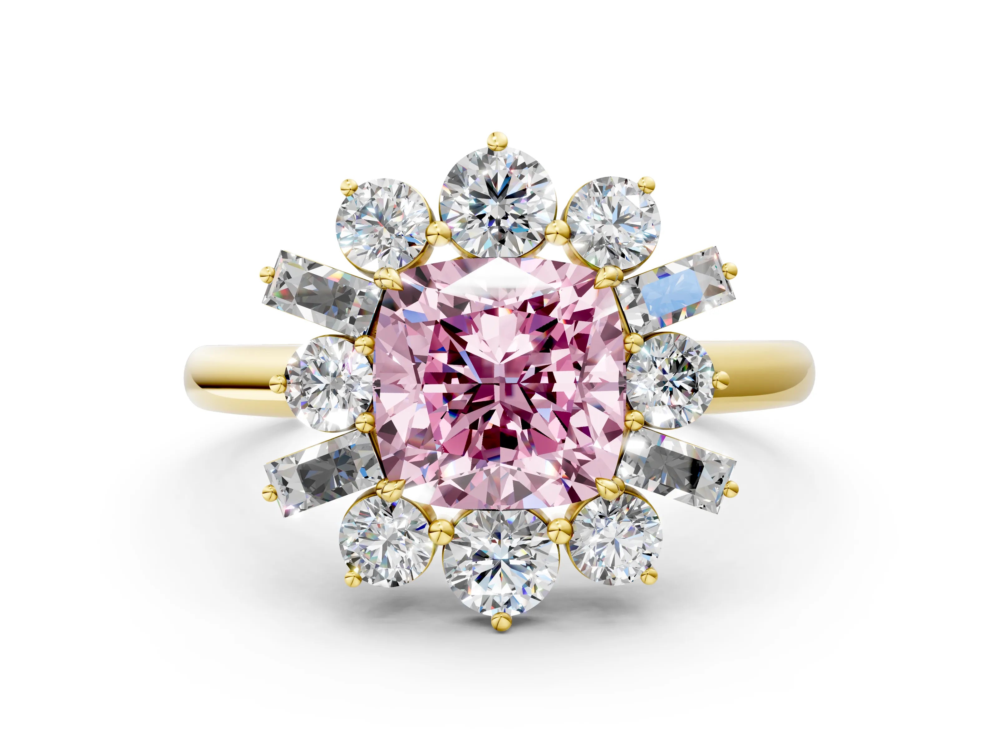 Yellow gold Fancy Pink Cushion Cut Diamond Cluster Ring with Round and Baguette Stones, Split Shank Band, Prong Setting