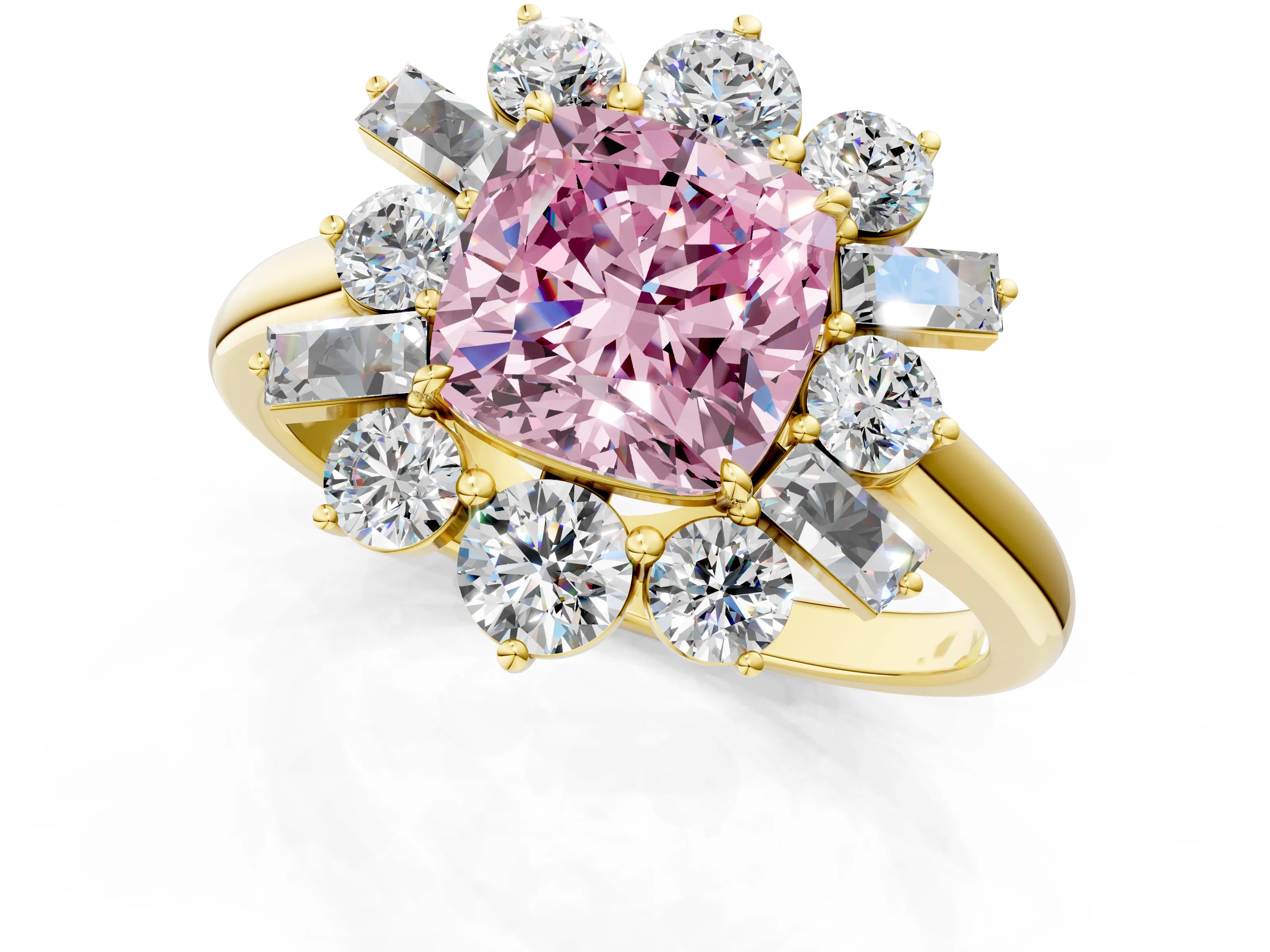 Yellow gold Fancy Pink Cushion Cut Diamond Cluster Ring with Round and Baguette Stones, Split Shank Band, Prong Setting_1