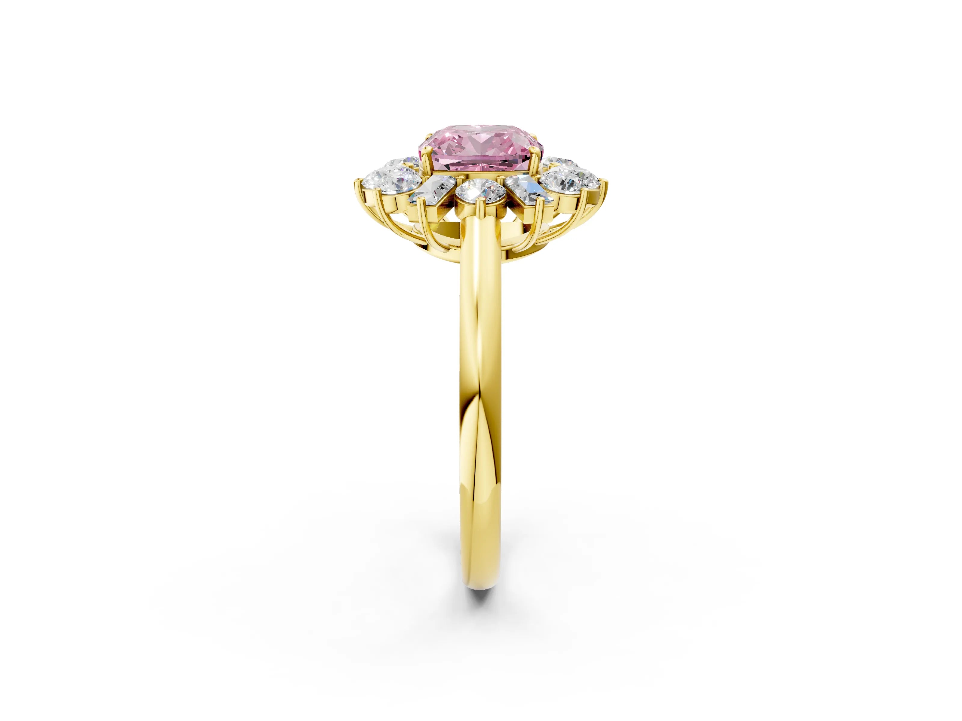Yellow gold Fancy Pink Cushion Cut Diamond Cluster Ring with Round and Baguette Stones, Split Shank Band, Prong Setting_2