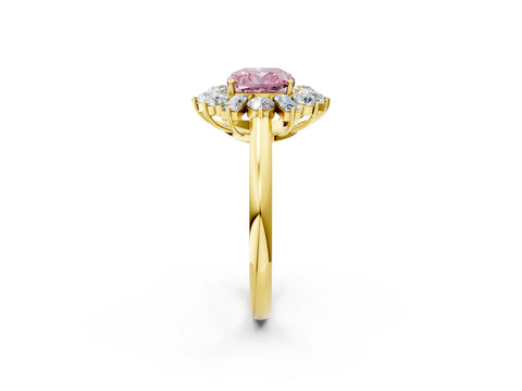 Yellow gold Fancy Pink Cushion Cut Diamond Cluster Ring with Round and Baguette Stones, Split Shank Band, Prong Setting_2