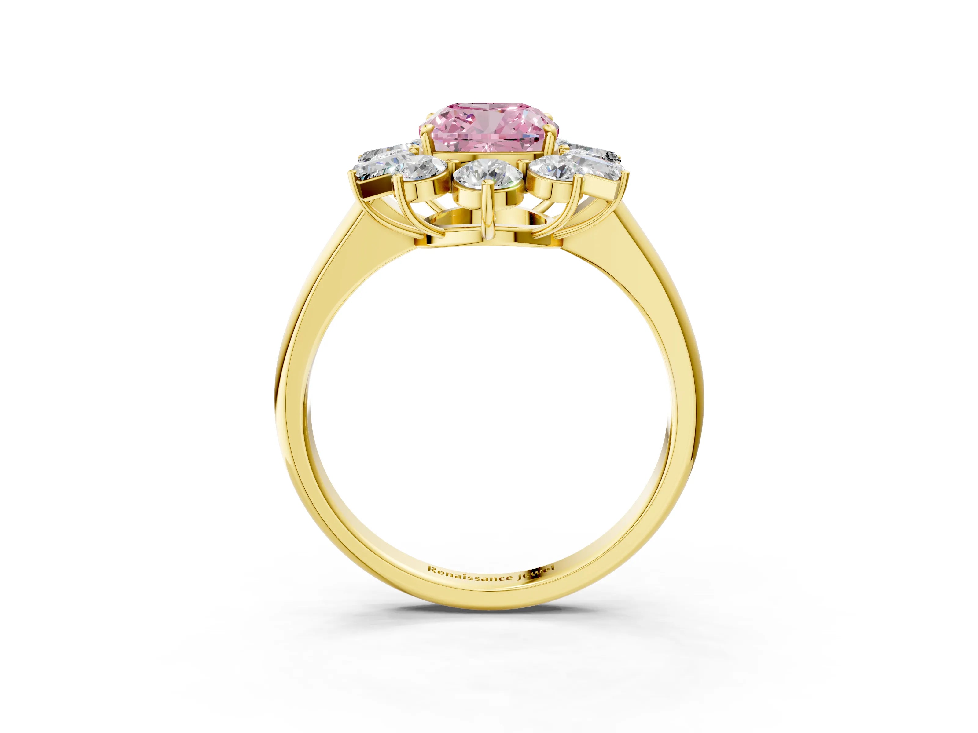 Yellow gold Fancy Pink Cushion Cut Diamond Cluster Ring with Round and Baguette Stones, Split Shank Band, Prong Setting_3