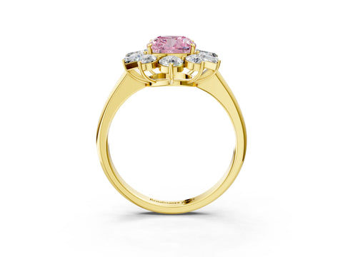 Yellow gold Fancy Pink Cushion Cut Diamond Cluster Ring with Round and Baguette Stones, Split Shank Band, Prong Setting_3