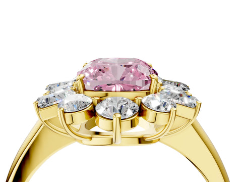 Yellow gold Fancy Pink Cushion Cut Diamond Cluster Ring with Round and Baguette Stones, Split Shank Band, Prong Setting_4