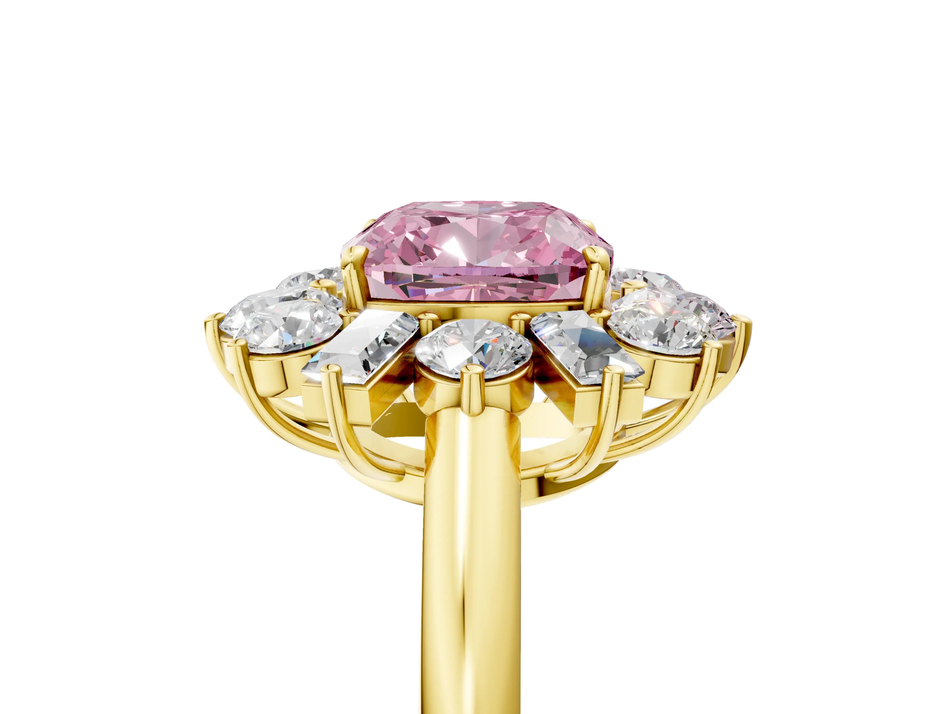 Yellow gold Fancy Pink Cushion Cut Diamond Cluster Ring with Round and Baguette Stones, Split Shank Band, Prong Setting_5