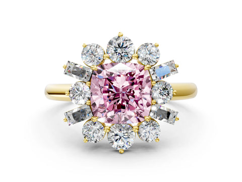 Yellow gold Fancy Pink Cushion Cut Diamond Cluster Ring with Round and Baguette Stones, Split Shank Band, Prong Setting