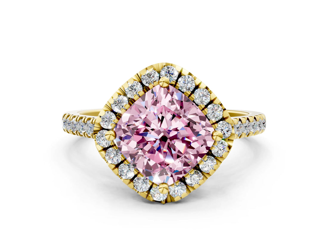 Yellow gold Fancy Pink Cushion Cut Diamond Cushion Halo Ring with Pavé Band