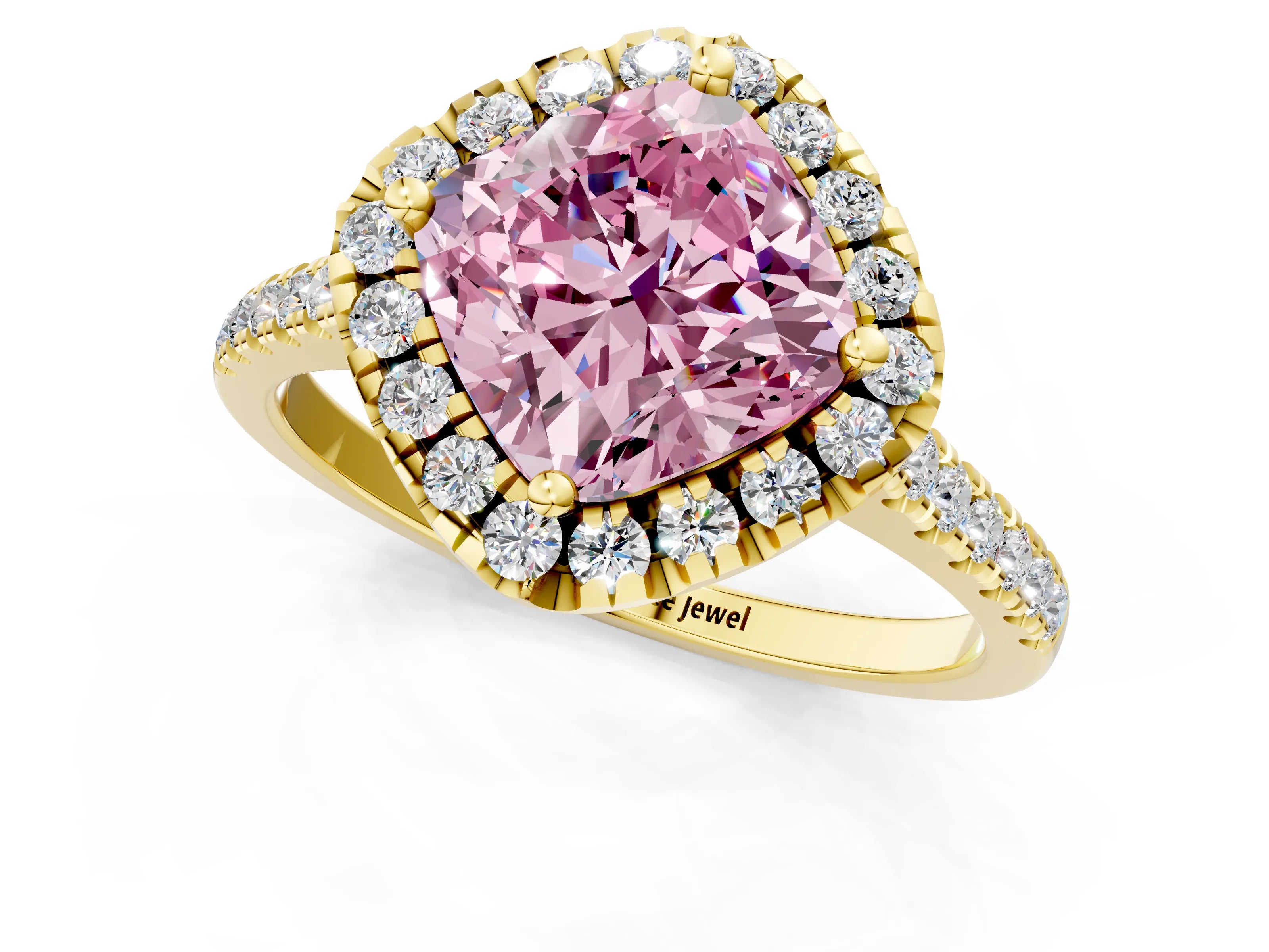 Yellow gold Fancy Pink Cushion Cut Diamond Cushion Halo Ring with Pavé Band_1