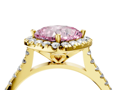 Yellow gold Fancy Pink Cushion Cut Diamond Cushion Halo Ring with Pavé Band_4