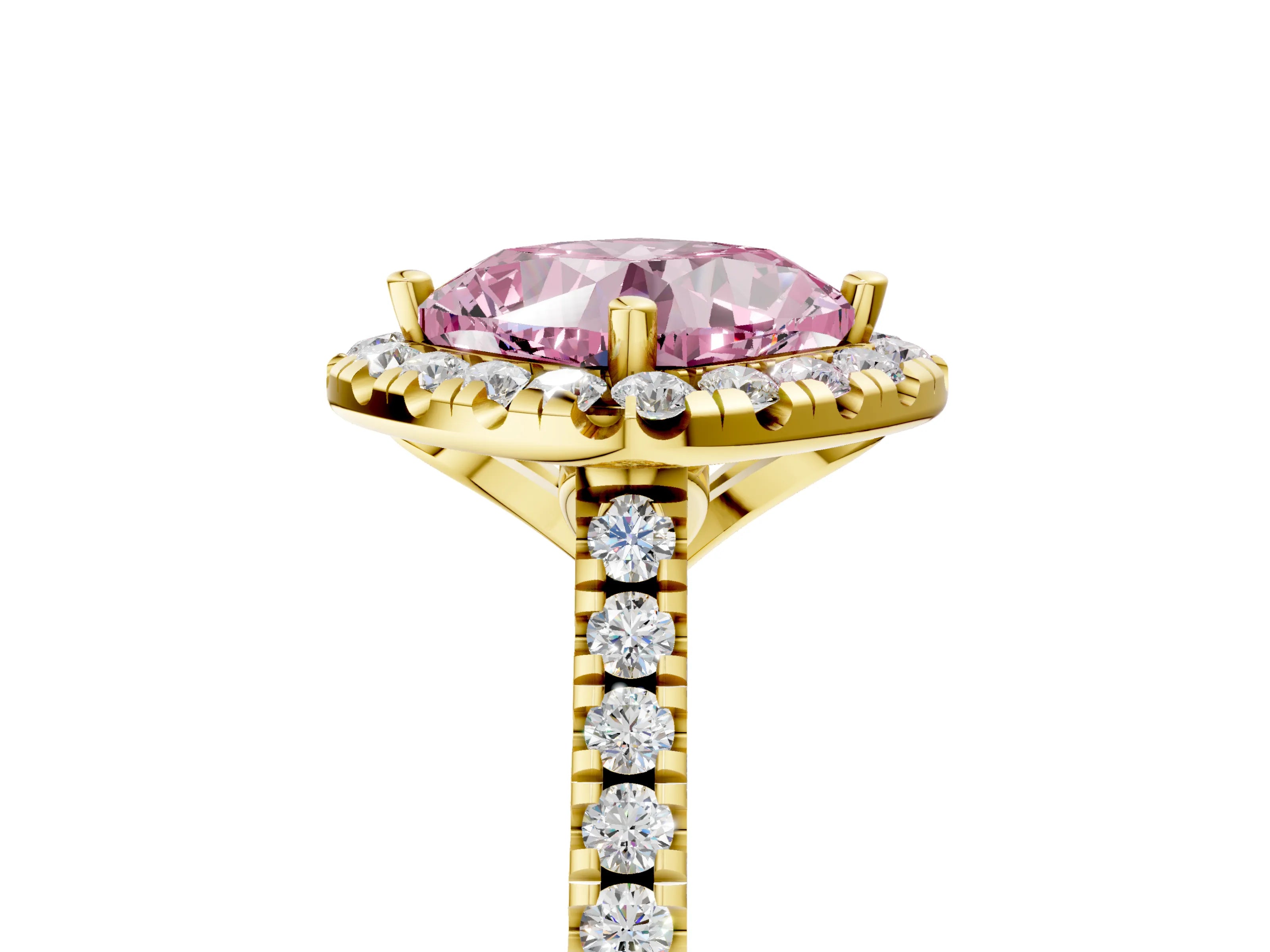 Yellow gold Fancy Pink Cushion Cut Diamond Cushion Halo Ring with Pavé Band_5