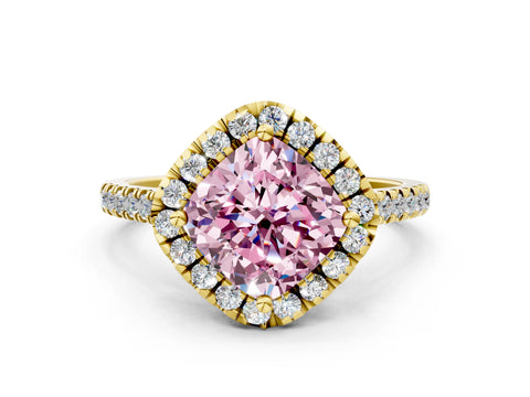 Yellow gold Fancy Pink Cushion Cut Diamond Cushion Halo Ring with Pavé Band