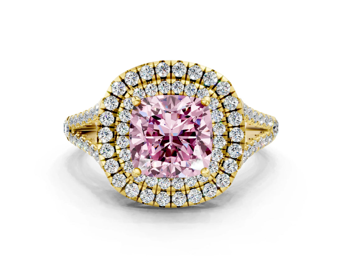 Yellow gold Fancy Pink Cushion Cut Diamond Double Halo Ring with Pavé Band and Prong Setting_89
