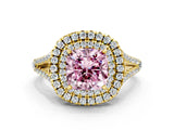 Yellow gold Fancy Pink Cushion Cut Diamond Double Halo Ring with Pavé Band and Prong Setting_89