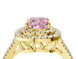 Yellow gold Fancy Pink Cushion Cut Diamond Double Halo Ring with Pavé Band and Prong Setting_93