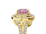 Yellow gold Fancy Pink Cushion Cut Diamond Double Halo Ring with Pavé Band and Prong Setting_94