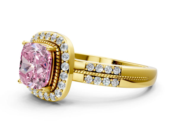Yellow gold Fancy Pink Cushion Cut Diamond Double Halo Ring with Split Shank and Four-Prong Setting