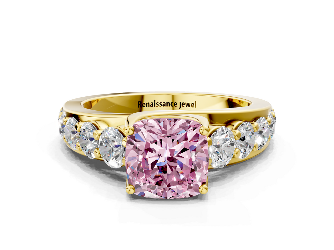 Yellow gold Fancy Pink Cushion  Cut Diamond Engagement Ring with Pavé Band and Four-Prong Setting_3