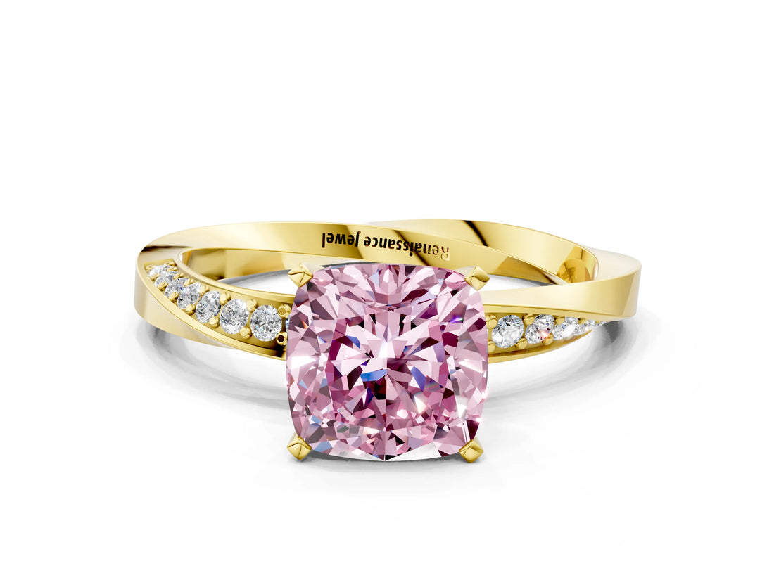 Yellow gold Fancy Pink Cushion Cut Diamond Engagement Ring with Side Stone Accents and Four-Prong Setting_12