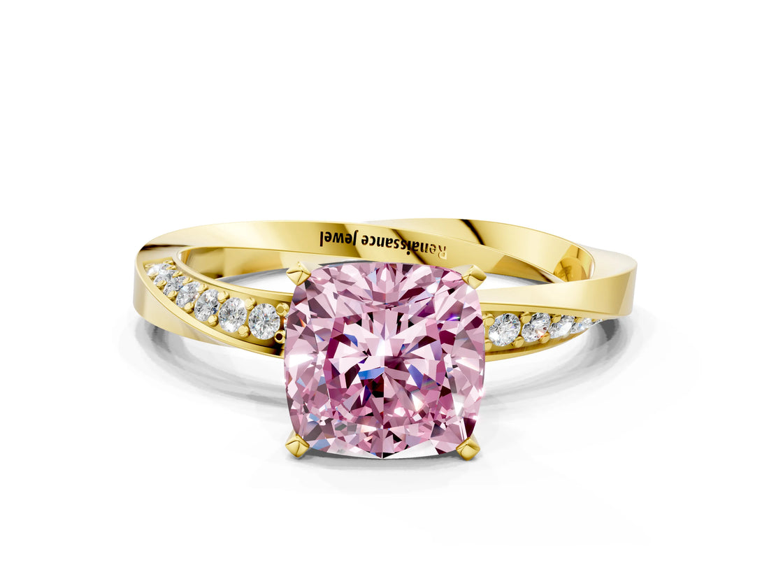 Yellow gold Fancy Pink Cushion Cut Diamond Engagement Ring with Side Stone Accents and Four-Prong Setting_72