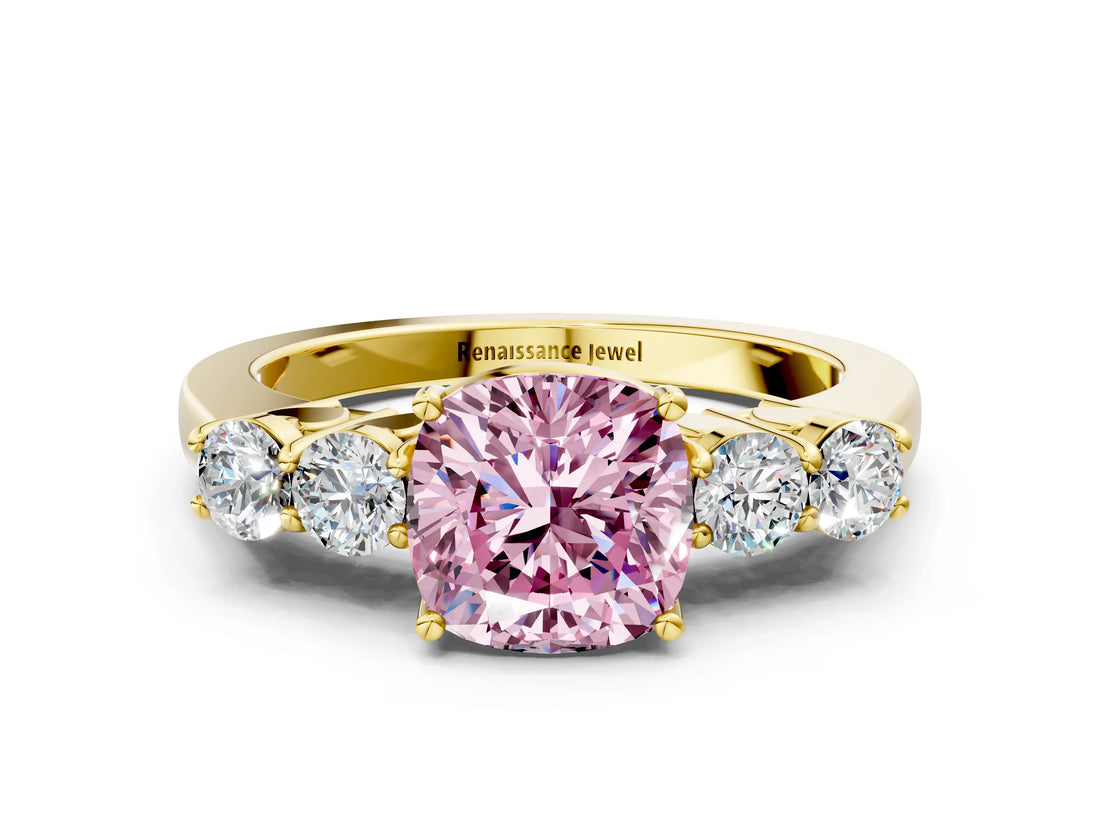Yellow gold Fancy Pink Cushion  Cut Diamond Five-Stone Prong Set White Gold Ring_32