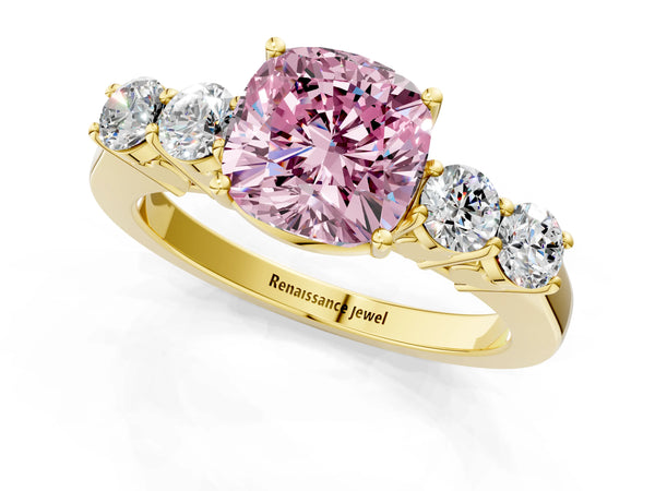 Yellow gold Fancy Pink Cushion  Cut Diamond Five-Stone Prong Set White Gold Ring