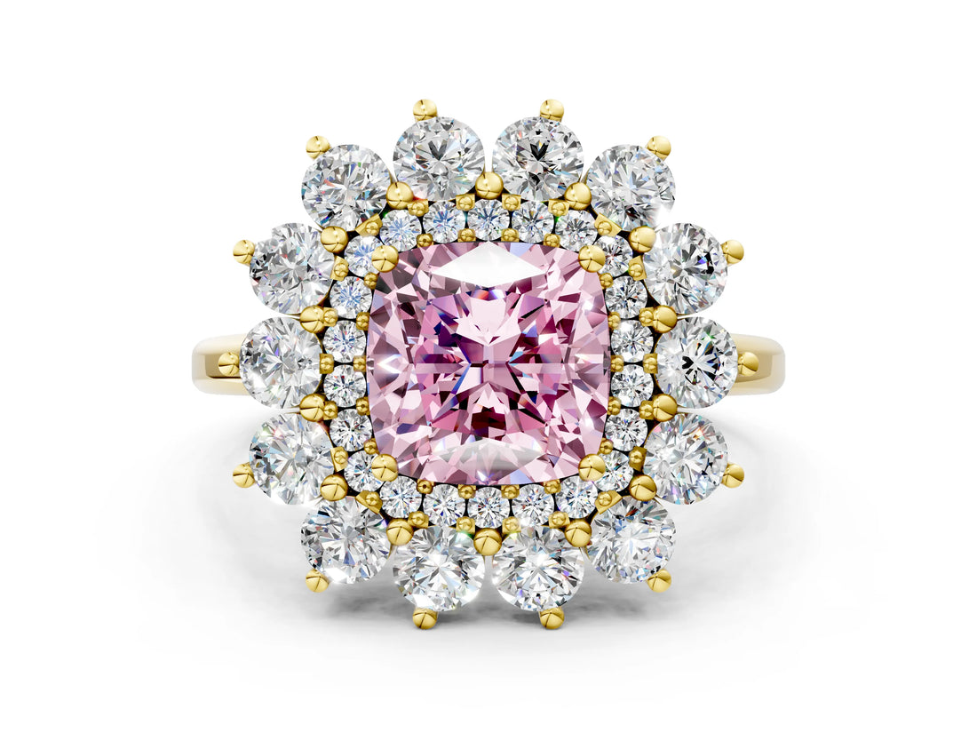 Yellow gold Fancy Pink Cushion Cut Diamond Floral Double Halo Engagement Ring with Prong Setting_24