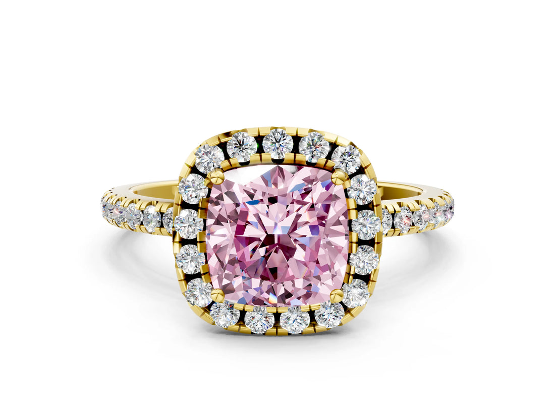 Yellow gold Fancy Pink Cushion  Cut Diamond Floral Halo Engagement Ring with Pavé Band and Prong Setting_37