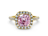 Yellow gold Fancy Pink Cushion  Cut Diamond Floral Halo Engagement Ring with Pavé Band and Prong Setting_37