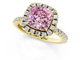 Yellow gold Fancy Pink Cushion  Cut Diamond Floral Halo Engagement Ring with Pavé Band and Prong Setting_38