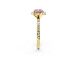 Yellow gold Fancy Pink Cushion  Cut Diamond Floral Halo Engagement Ring with Pavé Band and Prong Setting_39