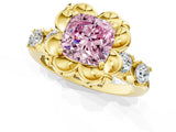 Yellow gold Fancy Pink Cushion  Cut Diamond Floral Halo Engagement Ring with Shared Prong Setting 1