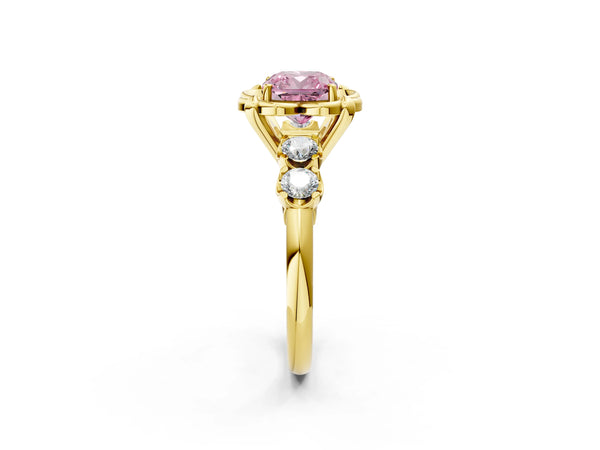 Yellow gold Fancy Pink Cushion  Cut Diamond Floral Halo Engagement Ring with Shared Prong Setting