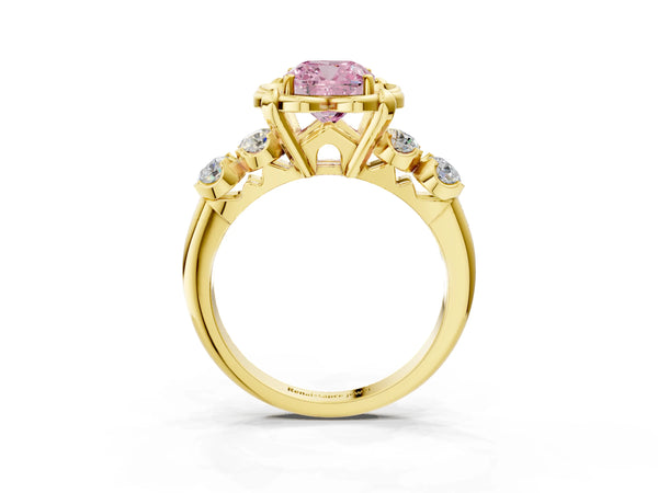 Yellow gold Fancy Pink Cushion  Cut Diamond Floral Halo Engagement Ring with Shared Prong Setting