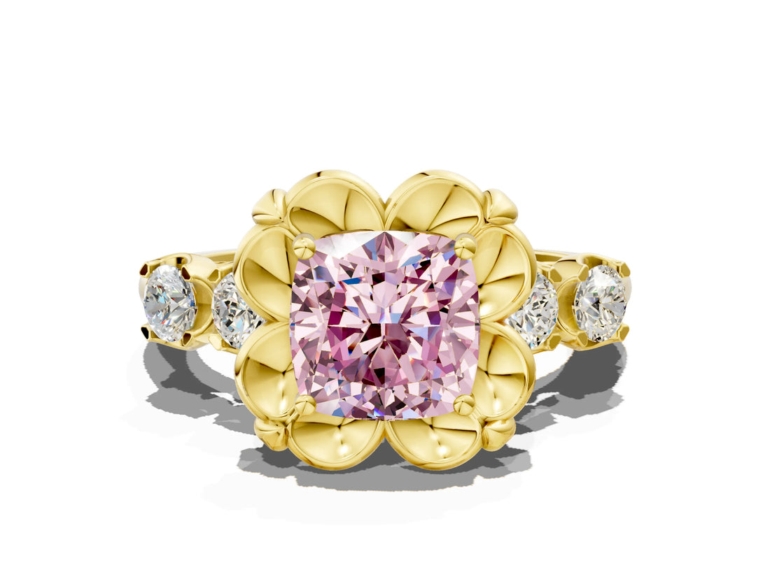 Yellow gold Fancy Pink Cushion  Cut Diamond Floral Halo Engagement Ring with Shared Prong Setting