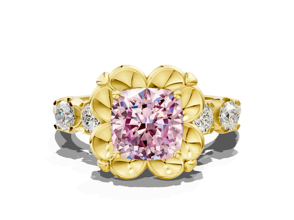 Yellow gold Fancy Pink Cushion  Cut Diamond Floral Halo Engagement Ring with Shared Prong Setting