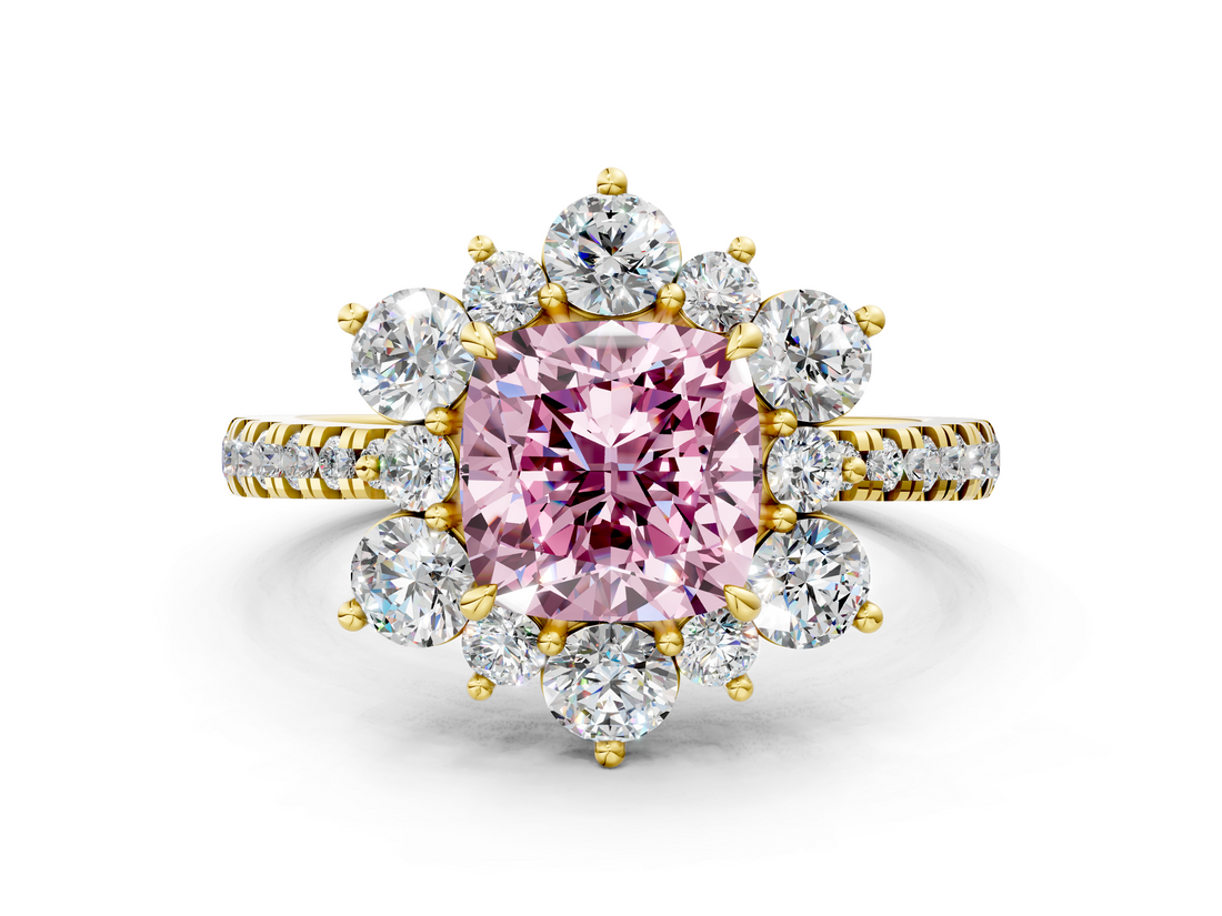 Yellow gold Fancy Pink Cushion  Cut Diamond Floral Halo Pave Band with Prong Setting_37