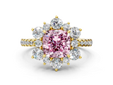 Yellow gold Fancy Pink Cushion  Cut Diamond Floral Halo Pave Band with Prong Setting_37