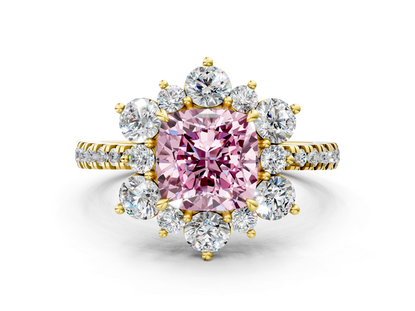 Yellow gold Fancy Pink Cushion  Cut Diamond Floral Halo Pave Band with Prong Setting