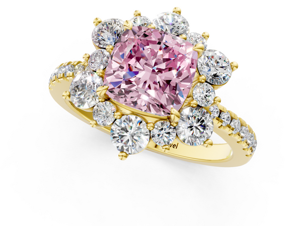 Yellow gold Fancy Pink Cushion  Cut Diamond Floral Halo Pave Band with Prong Setting