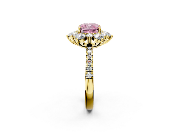 Yellow gold Fancy Pink Cushion  Cut Diamond Floral Halo Pave Band with Prong Setting